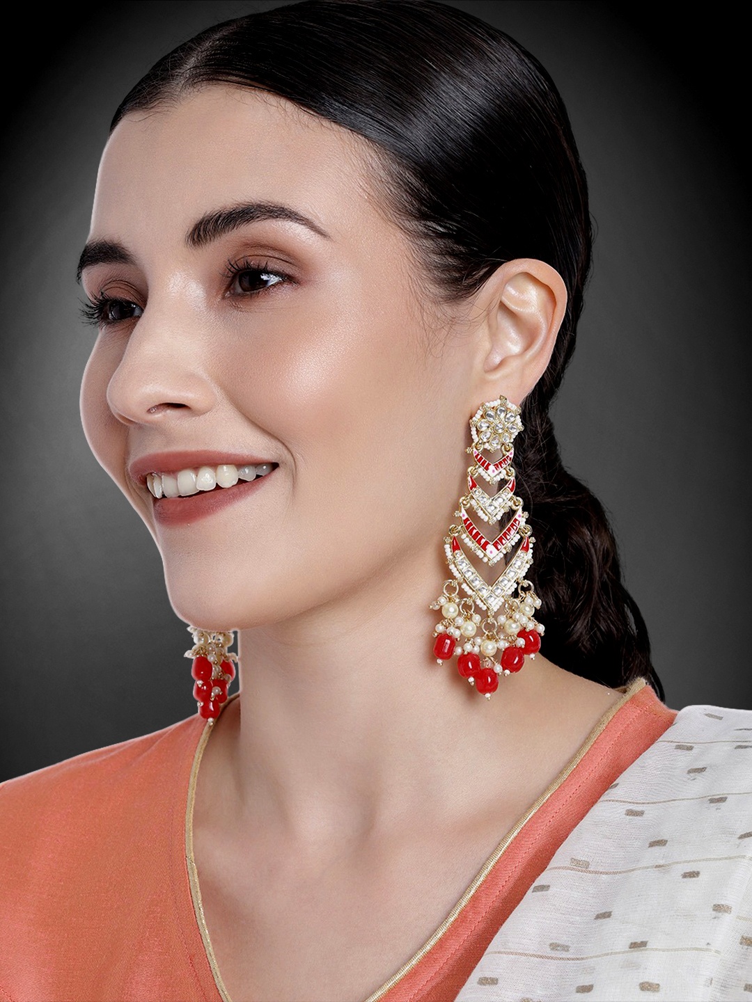 

Peora Red & White Gold Plated Classic Kundan Studded Drop Earrings