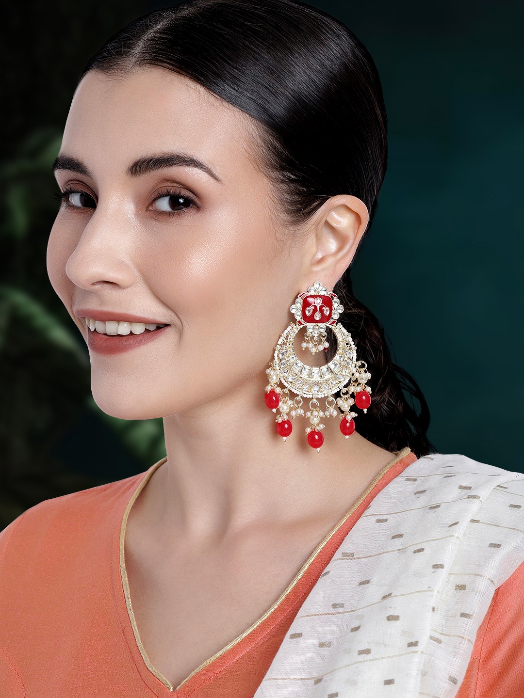 

Peora Red & White Gold Plated Meena Work Hand Made Crescent Shaped Kundad Chandbalis
