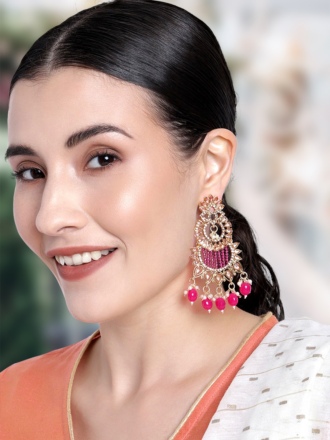 

Peora Magenta Pink & White Gold Plated Crescent Shaped Kundan Studded Chandbalis