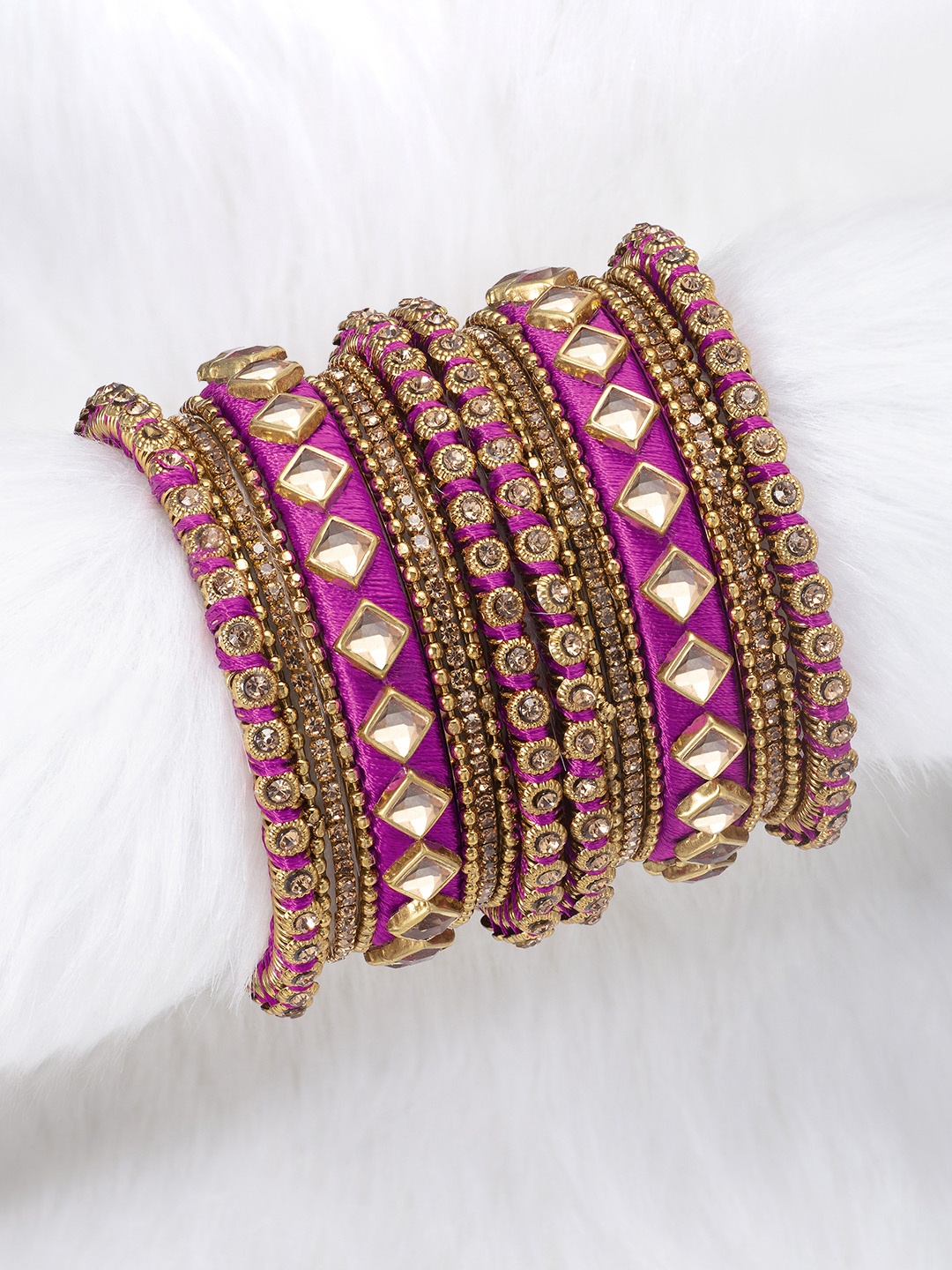 

Peora Set of 18 Magenta Pink Handcrafted Silk Thread Kundan Chuda Bangles