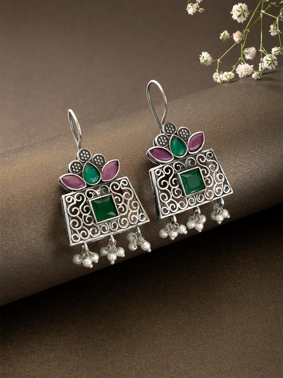

Peora Multicoloured Oxidised Silver Plated Square Pearl Studded Drop Earrings, Multi