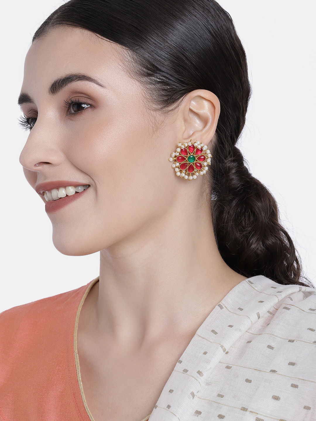 

Peora Maroon & White Gold-Plated Floral Shaped Pearls Embellished Oversized Studs