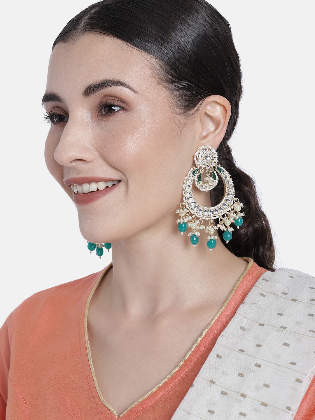 

Peora Green & White Gold Plated Crescent Shaped Chandbalis