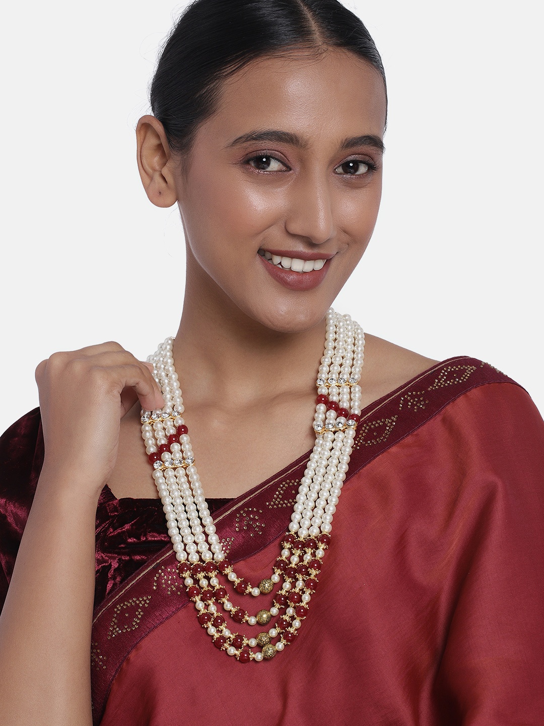 

Peora Maroon & White Gold-Plated Layered Necklace
