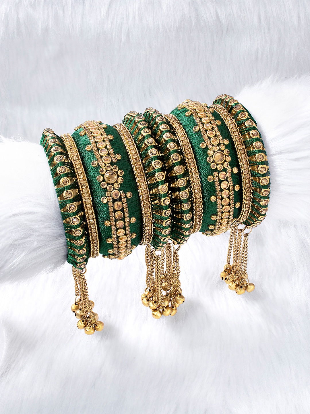 

Peora Set of 10 Green Handcrafted Silk Thread Kundan Floral Studded Chuda Bangles