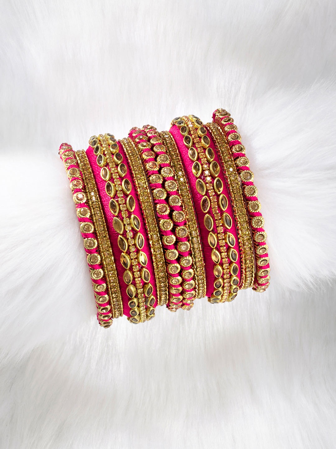 

Peora Set of 10 Magenta Pink Handcrafted Silk Thread Kundan Studded Chuda Bangles