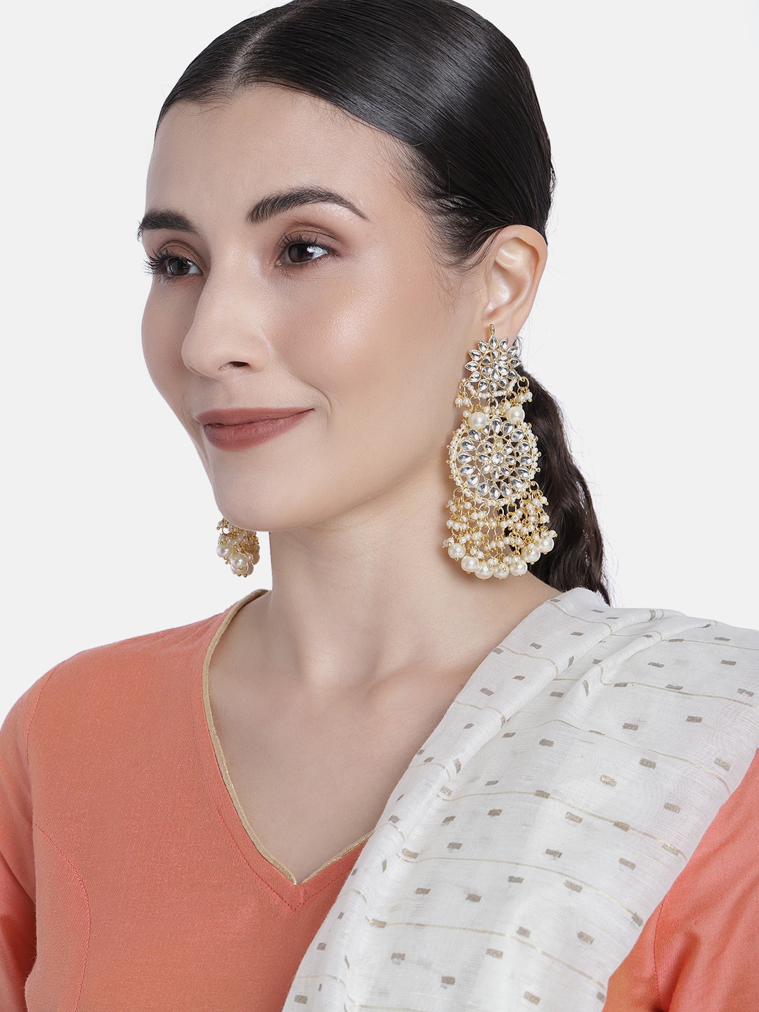

Peora White Gold-Plated Kundan Studded Circular Embellished Drop Earrings