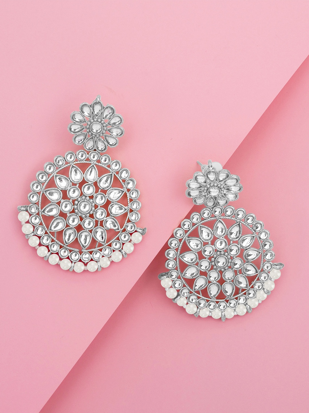 

Peora Silver-Toned Silver Plated Crescent Shaped Kundan Chandbalis