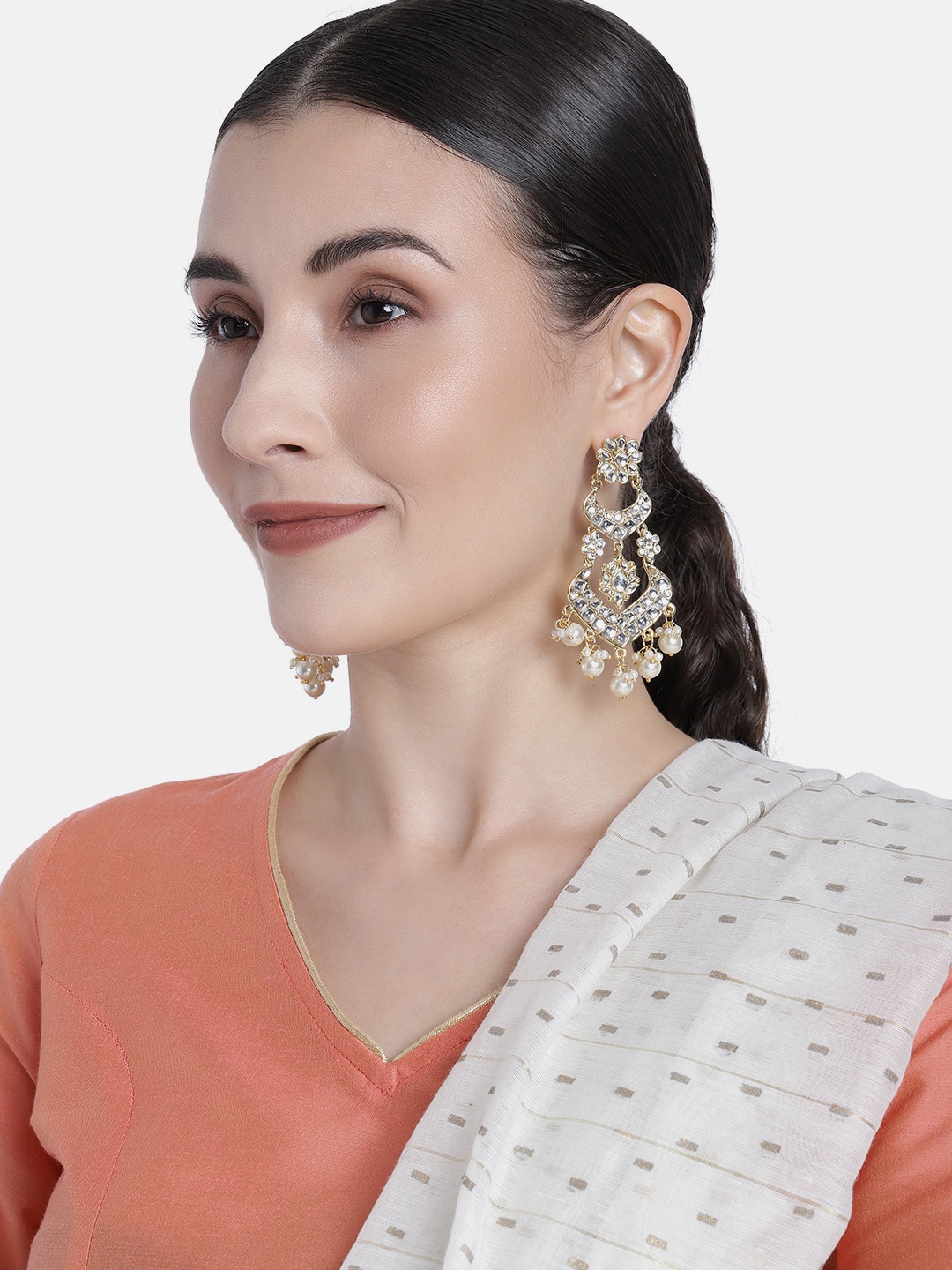 

Peora White Gold-Plated Kundan Studded Embellished Drop Earrings