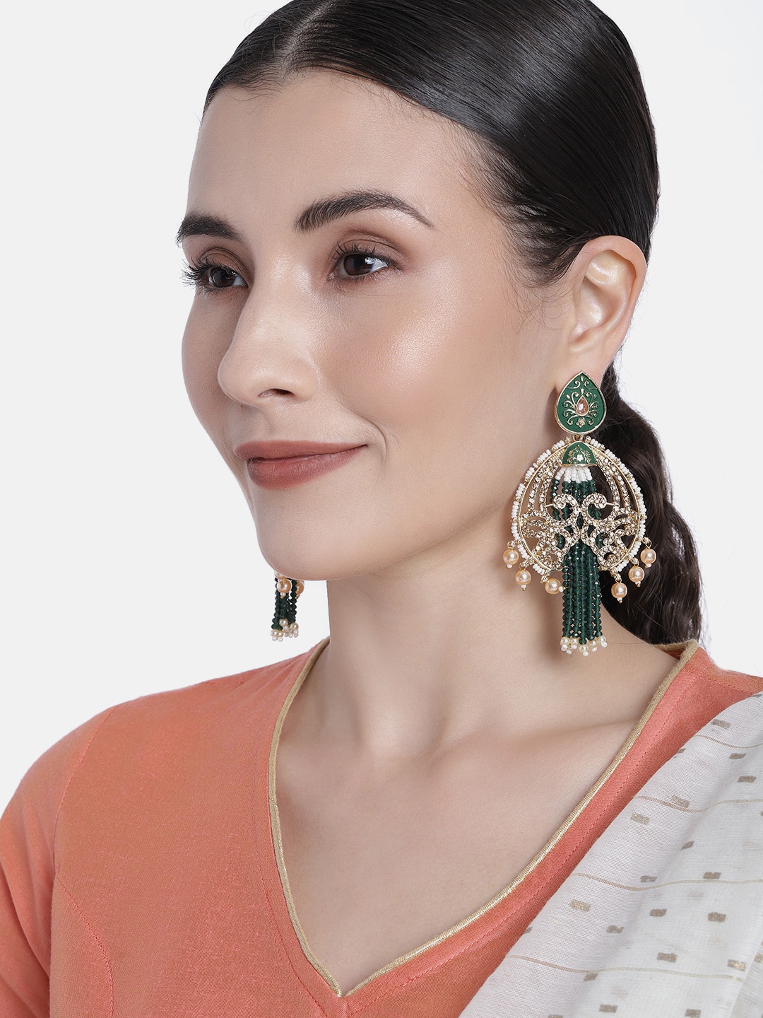 

Peora Green & White Gold Plated Teardrop Shaped Beaded Tassel Drop Earrings