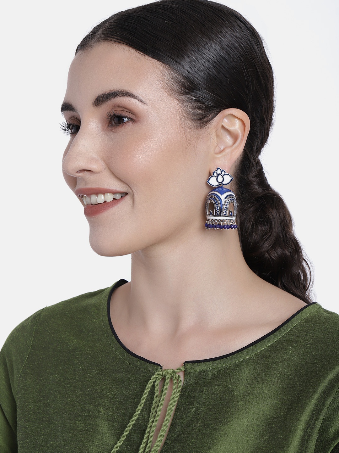 

Peora Blue & White Silver Plated Dome Shaped Enamelled Oxidised Jhumkas