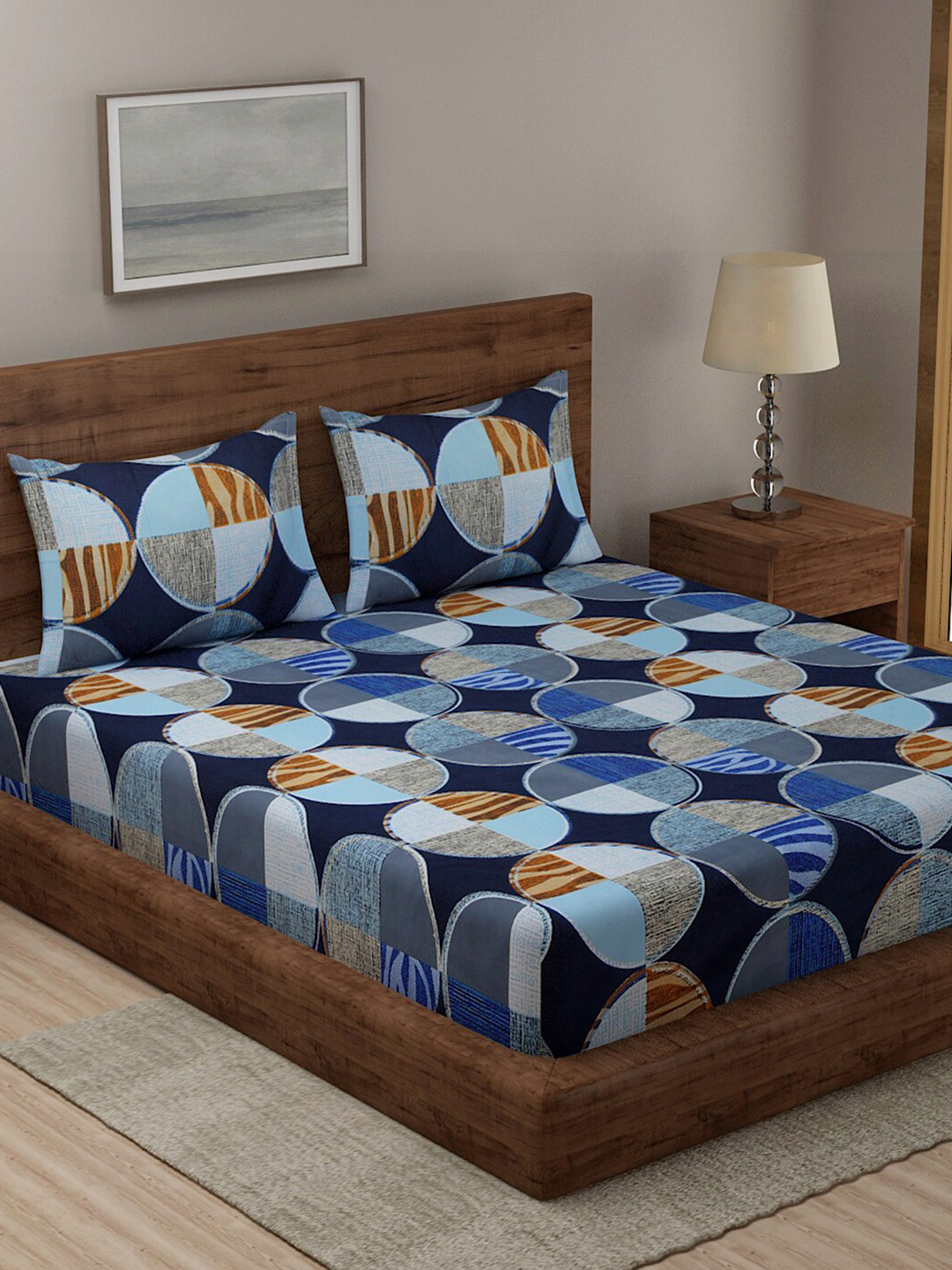 

TAG 7 Pack of 2 Black & Blue Ethnic Motifs 210 TC King Bedsheet with 4 Pillow Covers