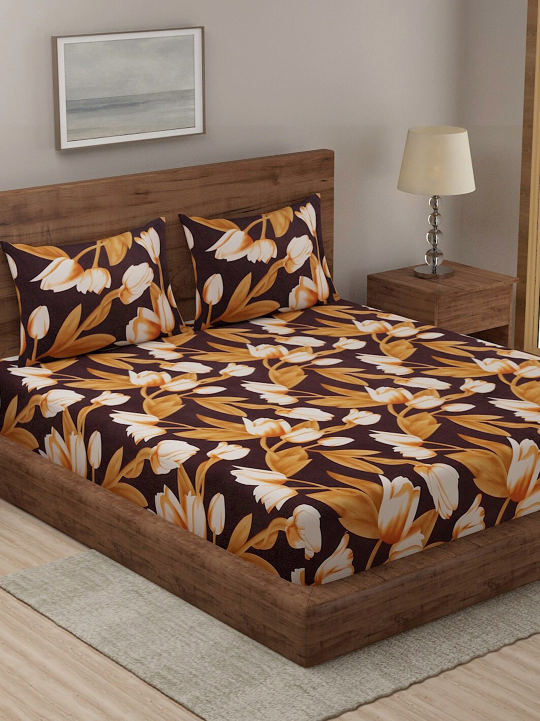 

TAG 7 Mauve & Grey Floral Cotton 210 TC 2 King Bedsheet with 4 Pillow Covers