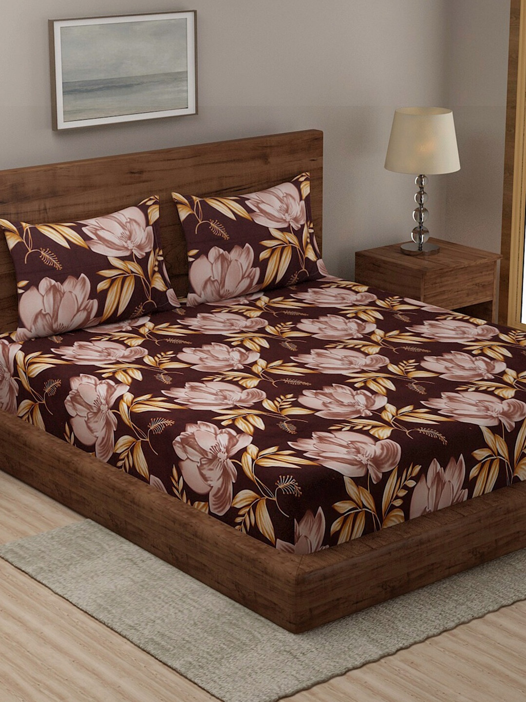 

TAG 7 Set Of 2 Brown & Beige Floral 210 TC 2 King Bedsheet with 4 Pillow Covers