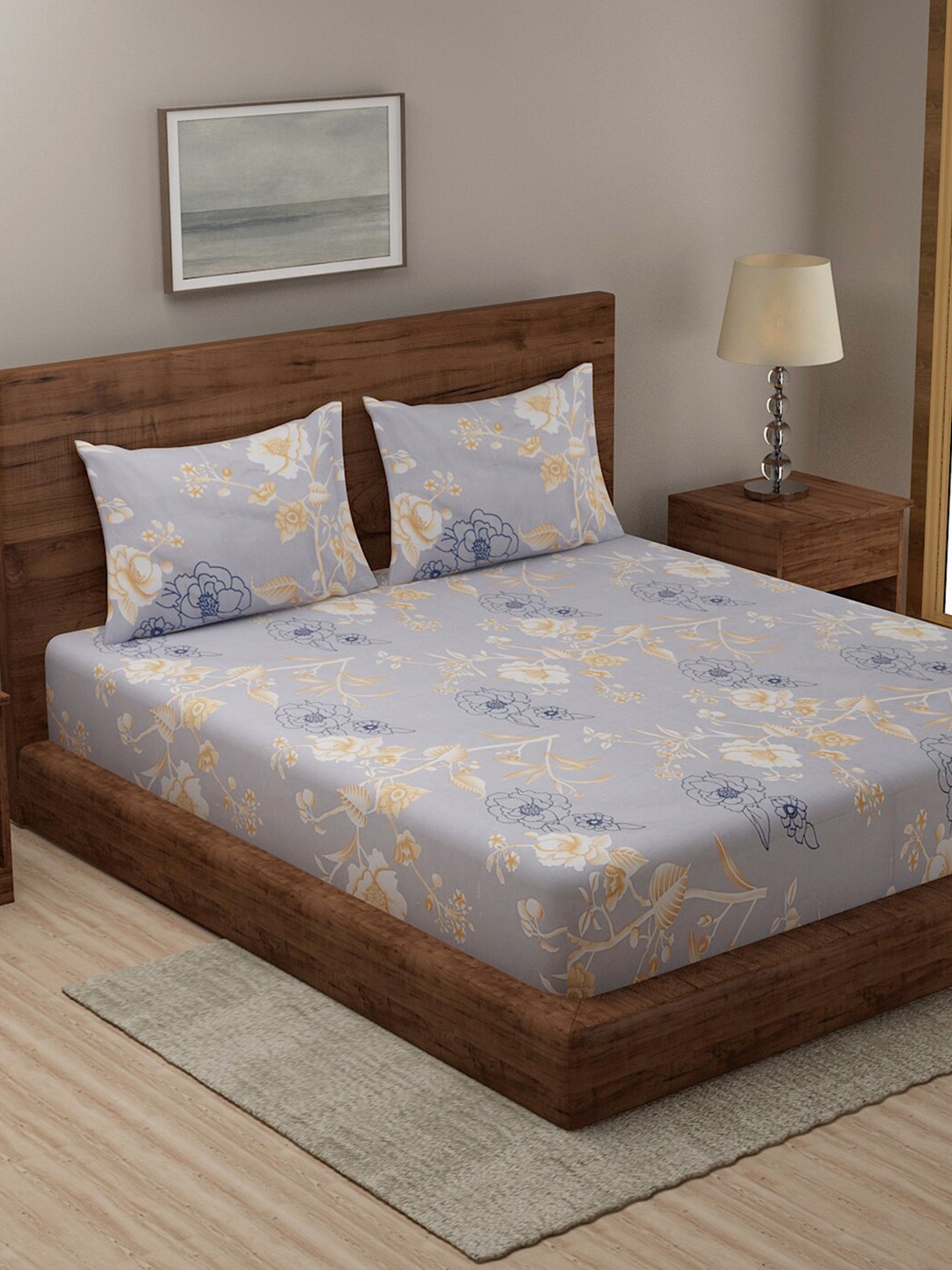 

TAG 7 Beige & Grey Floral 210 TC 2 King Bedsheet with 4 Pillow Covers