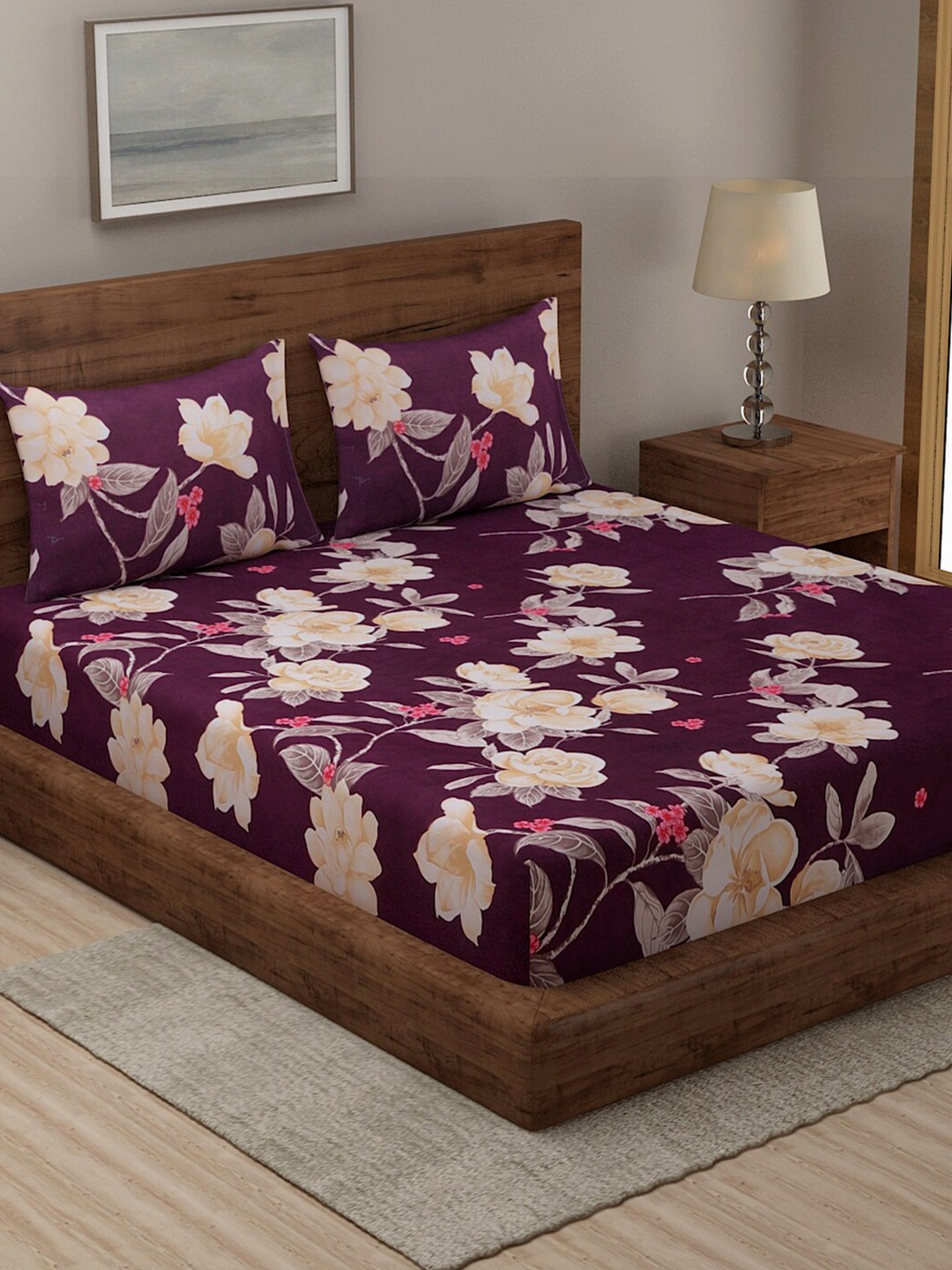 

TAG 7 Pack of 2 Burgundy & Yellow Floral 210 TC King Bedsheet with 4 Pillow Covers