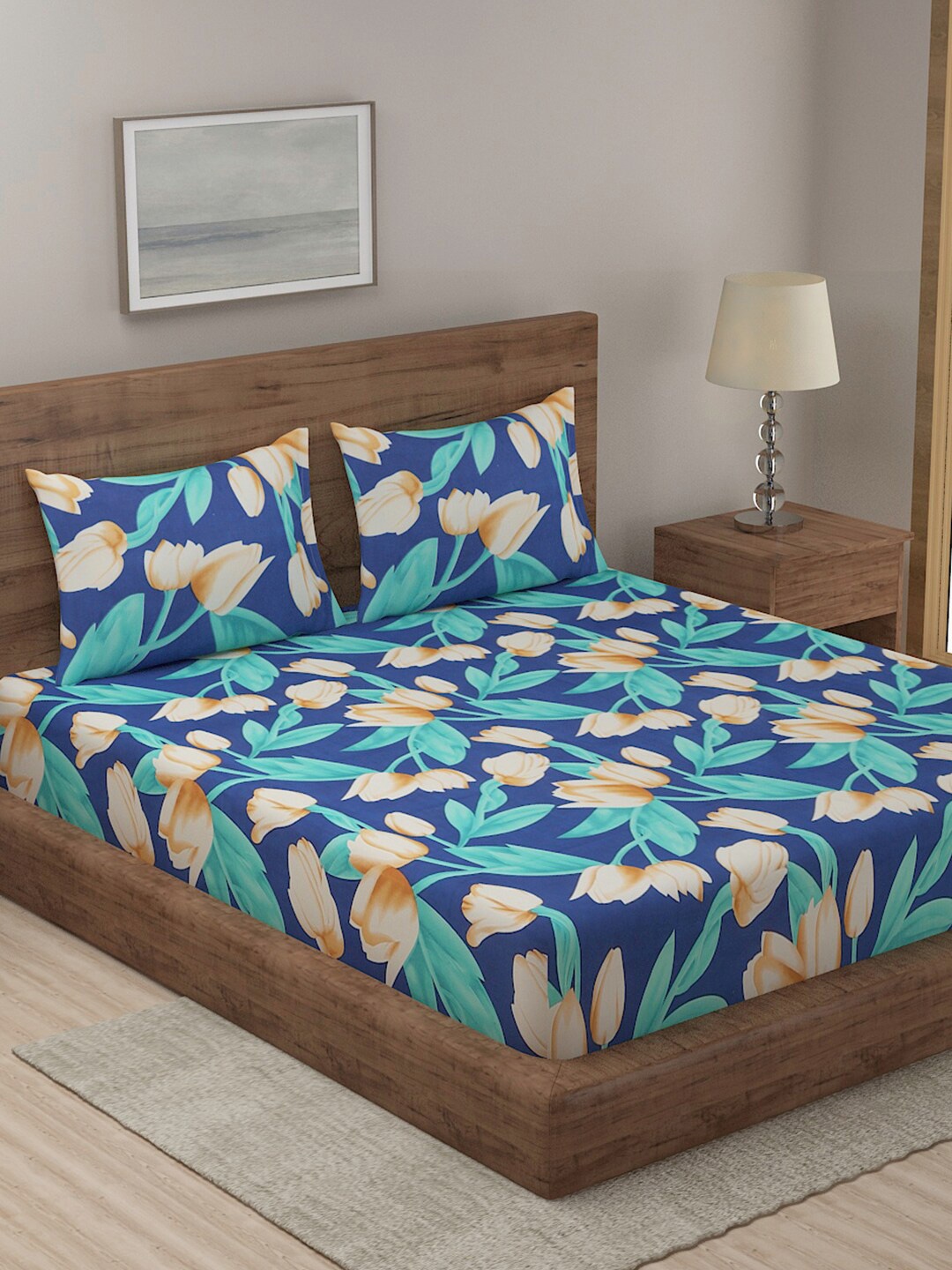 

TAG 7 Blue & Beige Floral 210 TC 2 King Bedsheet with 4 Pillow Covers