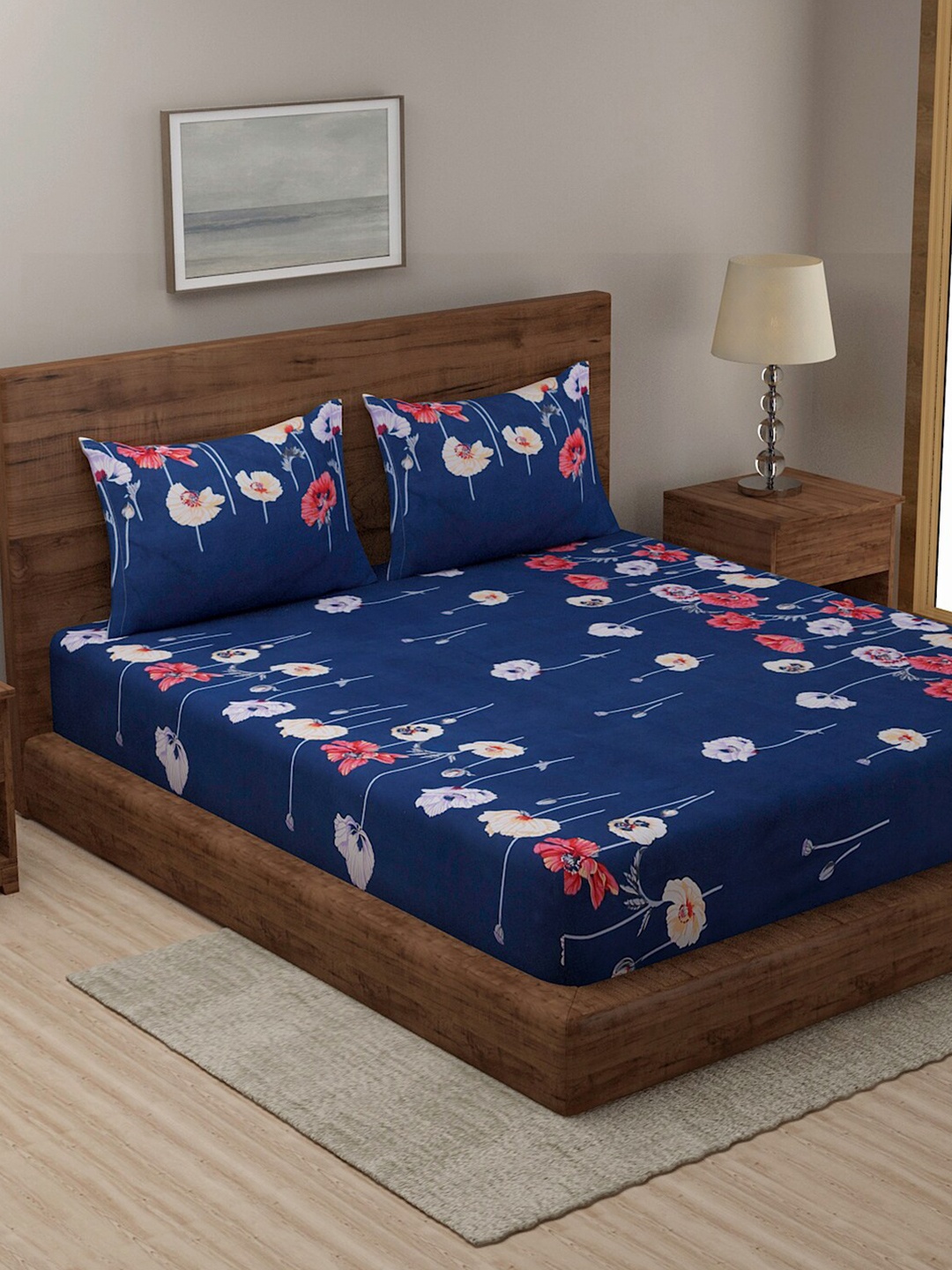 

TAG 7 Set Of 2 Blue & Beige Floral 210 TC 2 King Bedsheet with 4 Pillow Covers