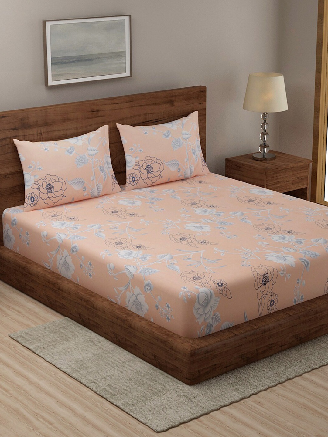 

TAG 7 Beige & Red Floral 210 TC 2 King Bedsheet with 4 Pillow Covers