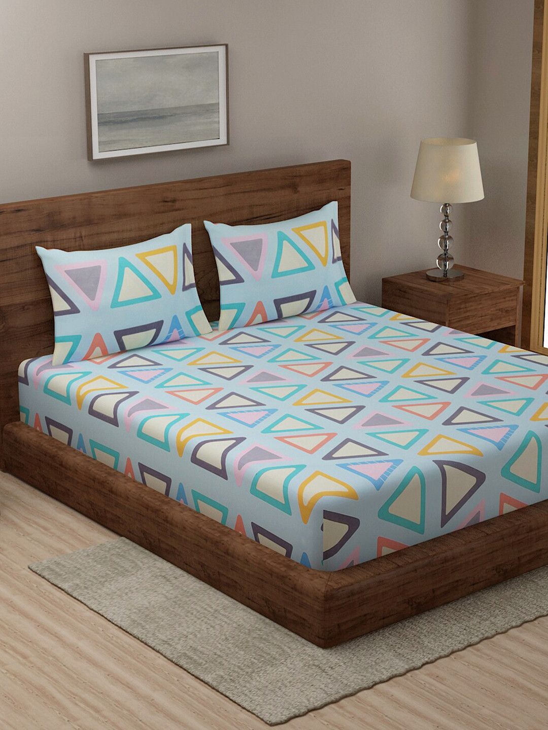 

TAG 7 Black & Blue Geometric 210 TC 2 King Bedsheet with 4 Pillow Covers