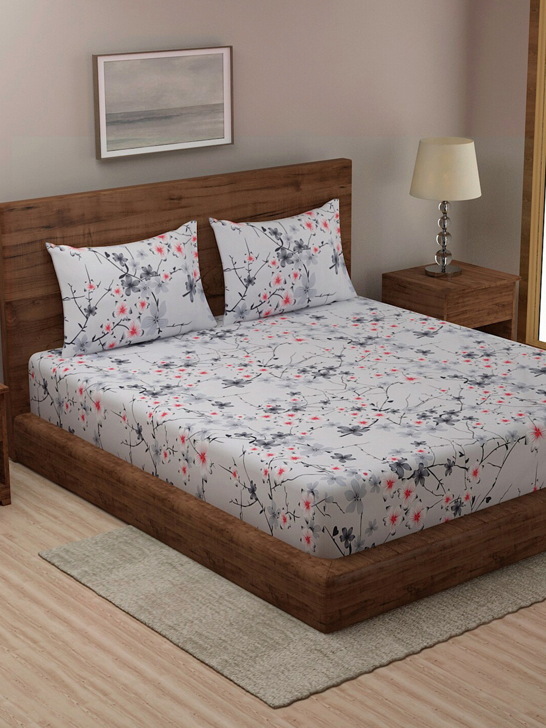 

TAG 7 Black & Grey Floral 210 TC Cotton 2 King Bedsheet with 4 Pillow Covers