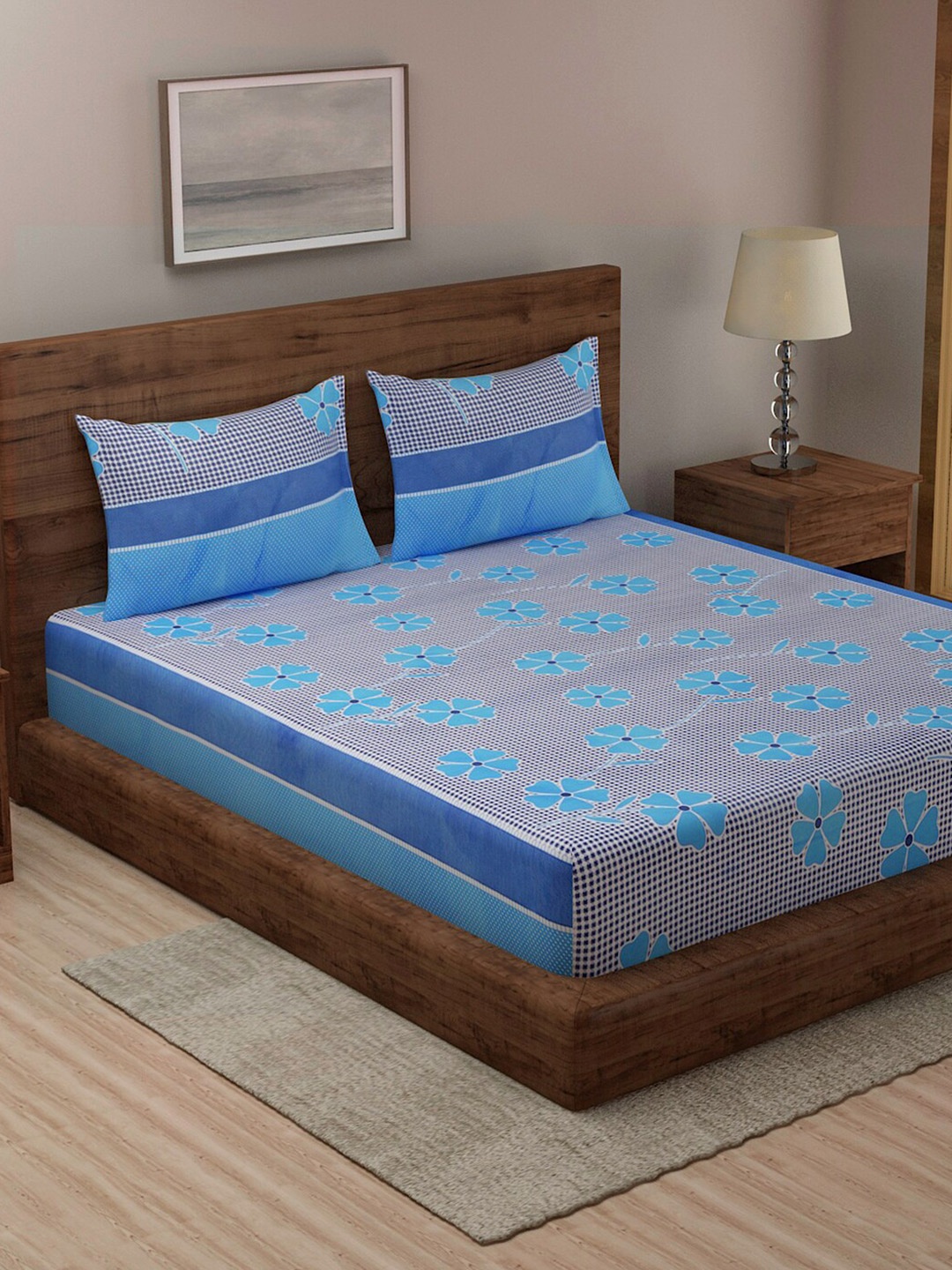 

TAG 7 Blue & Beige 210 TC 2 Cotton King Bedsheet with 4 Pillow Covers