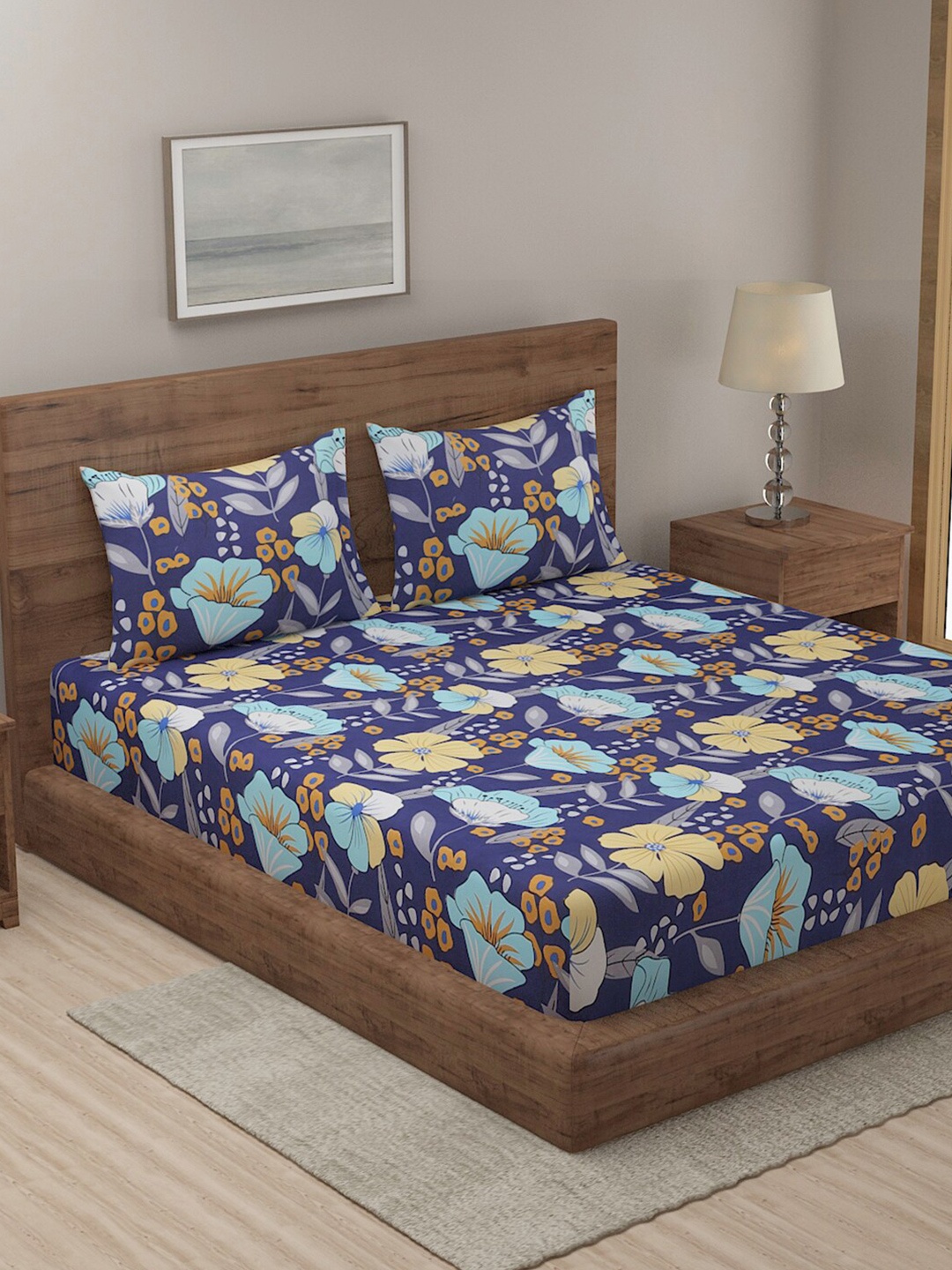 

TAG 7 Set Of 2 Beige & Blue Floral 210 TC 2 King Bedsheet with 4 Pillow Covers