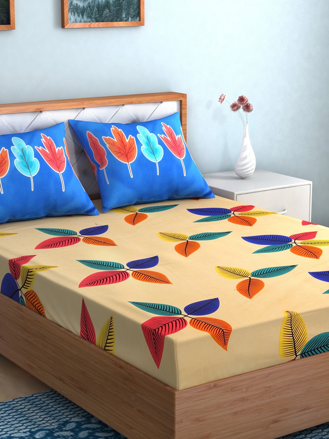 

TAG 7 Pack Of 2 Printed 210 TC 2 King Bedsheet with 4 Pillow Covers, Beige