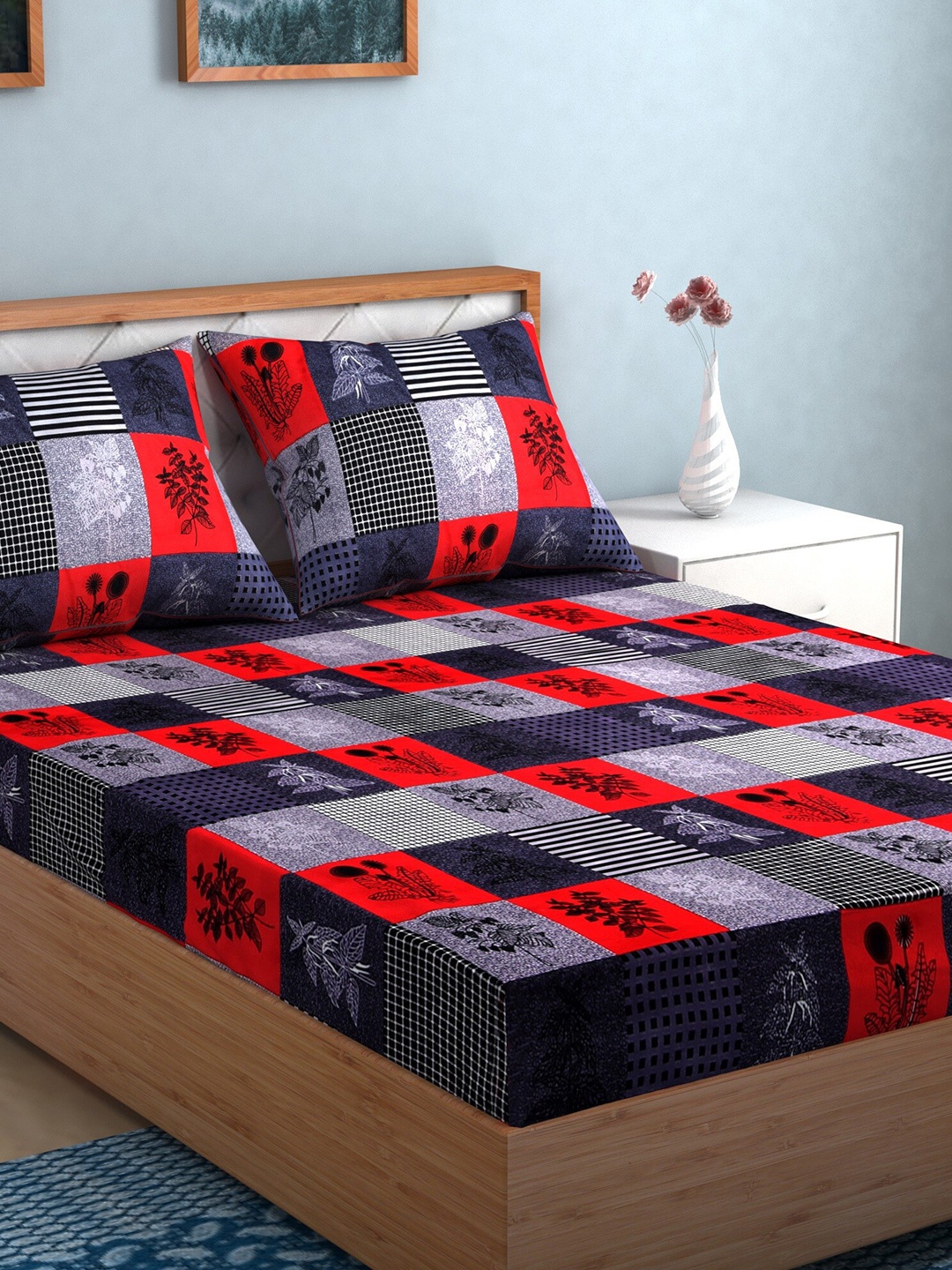 

TAG 7 Red & Green Floral 210 TC 2 King Bedsheets with 4 Pillow Covers