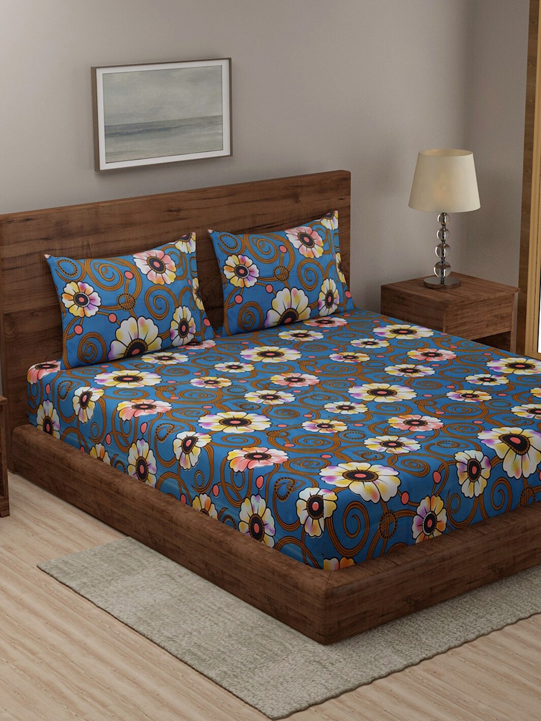 

TAG 7 Blue & Beige Floral 210 TC 2 King Bedsheets with 4 Pillow Covers