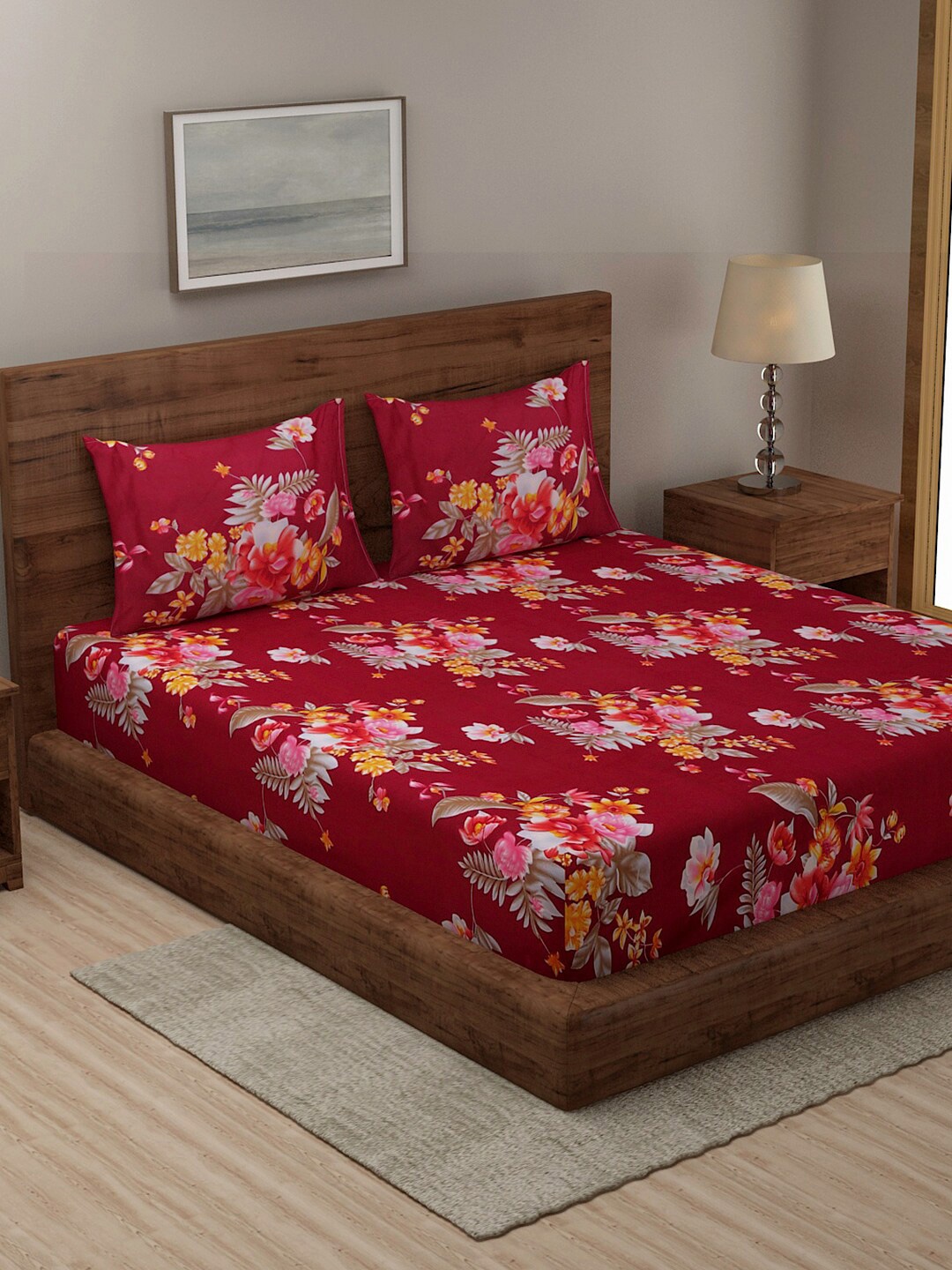 

TAG 7 Floral 210 TC 2 King Bedsheet with 4 Pillow Covers, Maroon