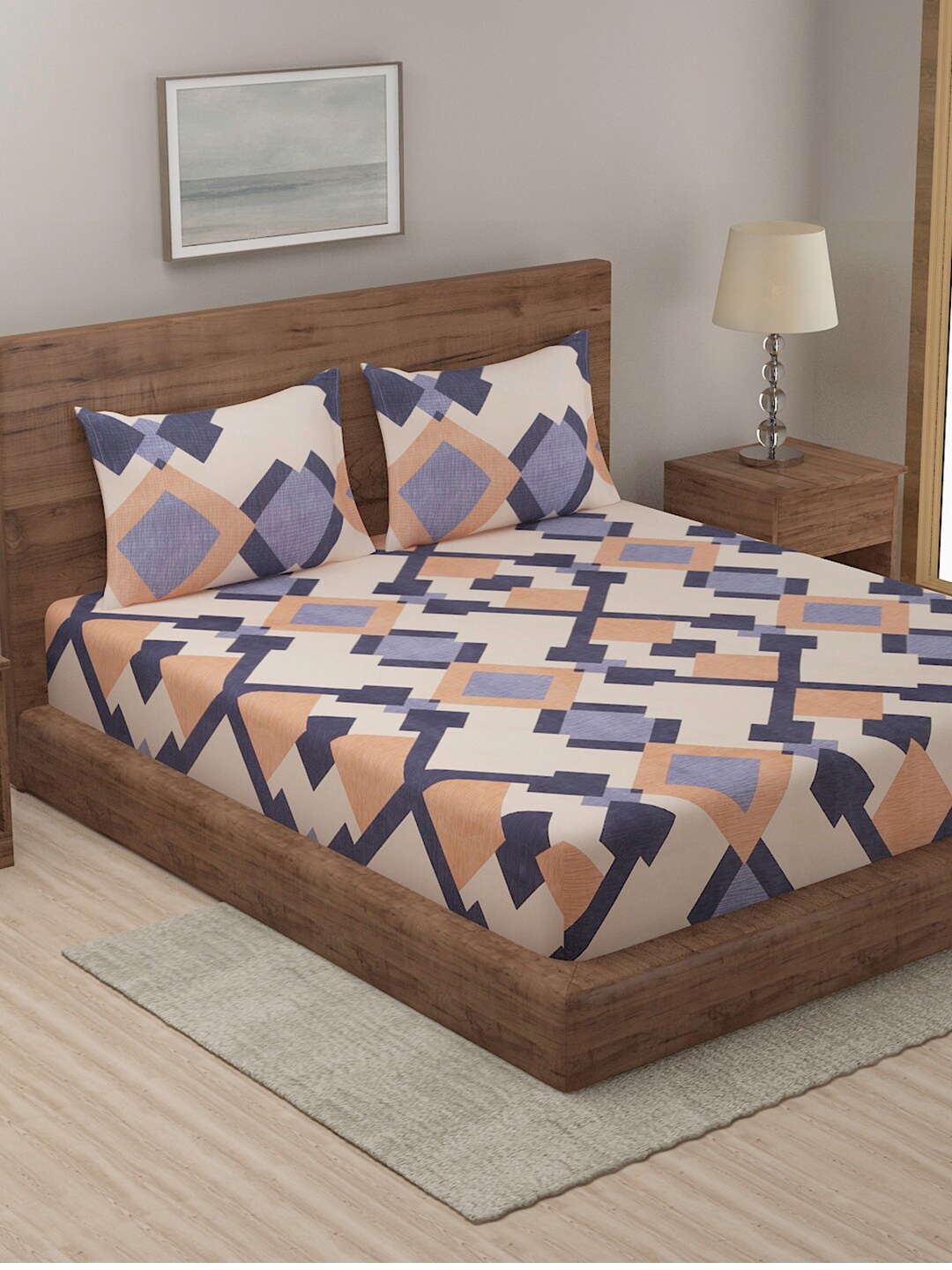 

TAG 7 Beige & Grey Geometric 210 TC 2 King Bedsheet with 4 Pillow Covers