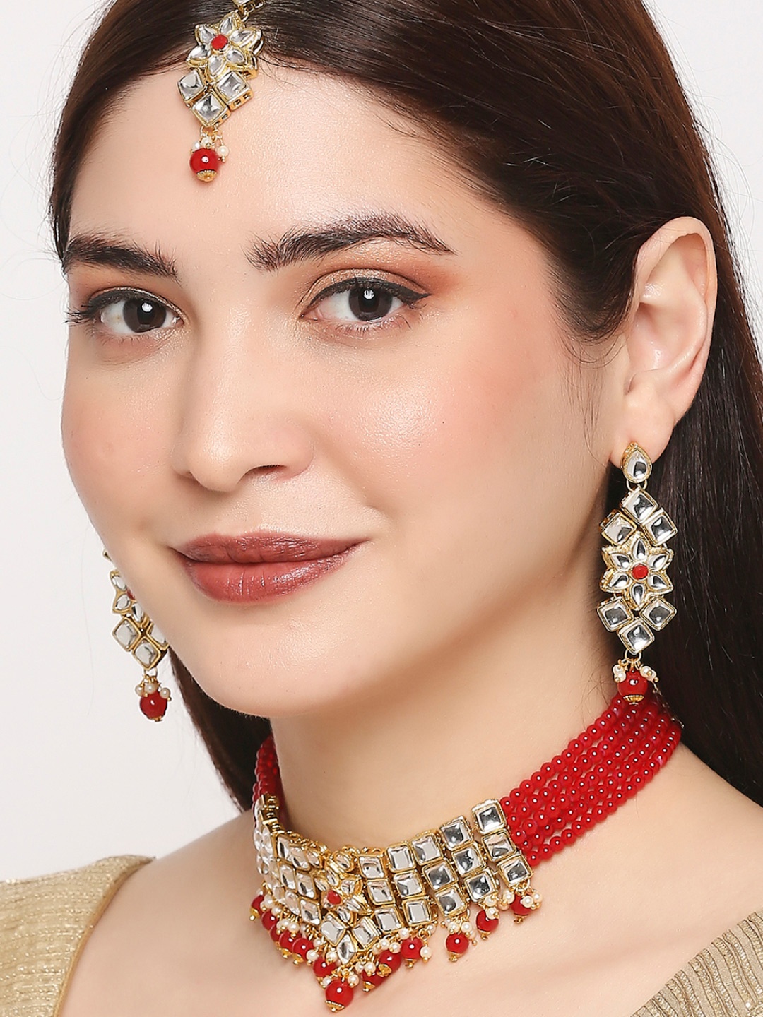 

OOMPH Red & White Kundan-Studded & Beaded Ethnic Choker Jewellery Set