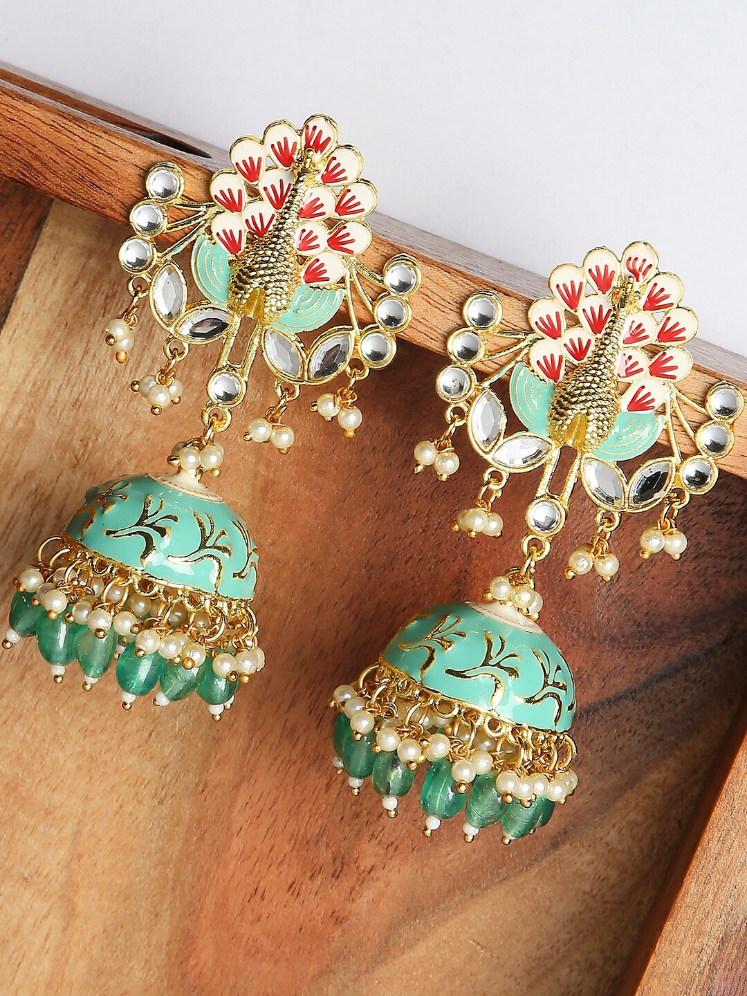 

OOMPH Green & Gold-Toned Dome Meenakari Shaped Jhumkas Earrings