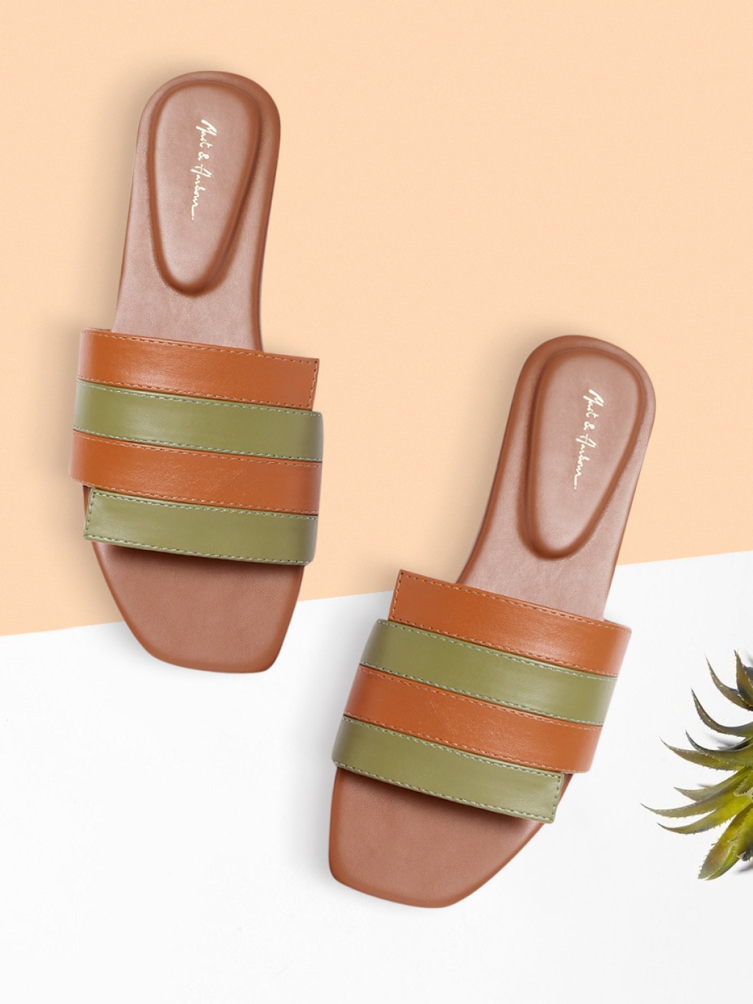 

Mast & Harbour Women Brown & Olive Green Striped Open Toe Flats