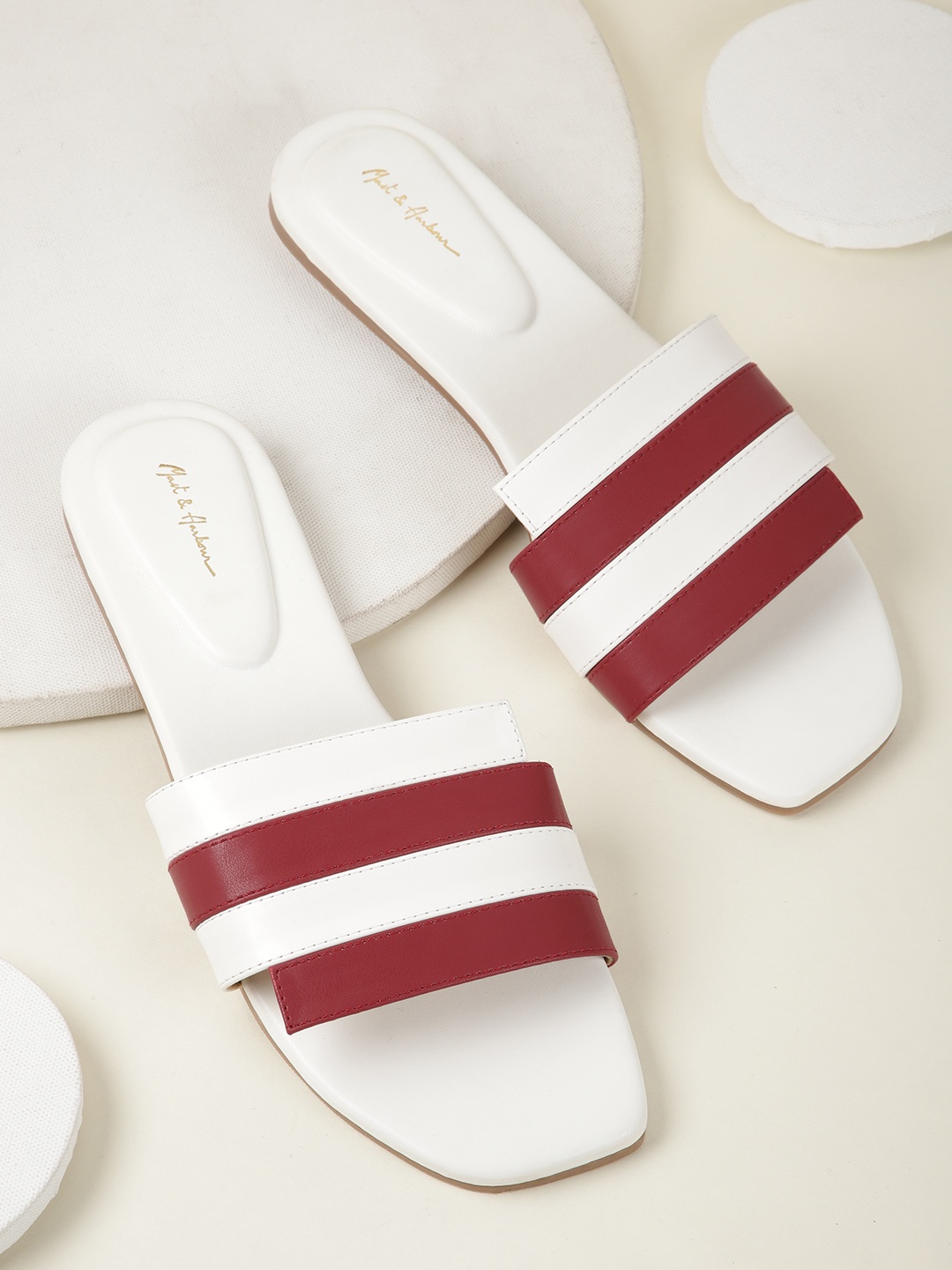 

Mast & Harbour Women White & Maroon Striped Open Toe Flats