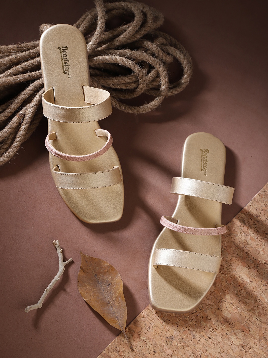 

Roadster Women Gold-Toned & Pink Colourblocked Open Toe Flats