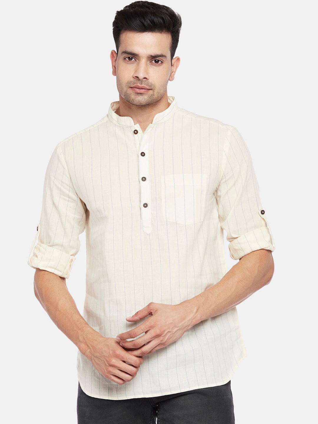 

indus route by Pantaloons Men Off White Cotton Striped Chikankari Dobby Kurta