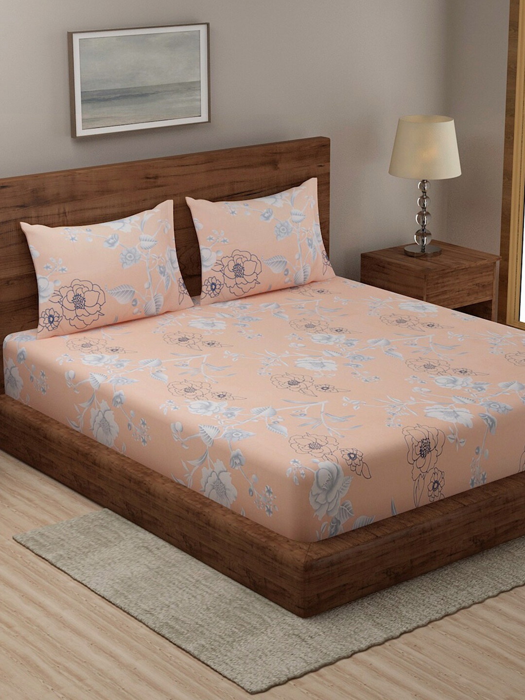 

TAG 7 Peach-Coloured & Maroon Floral 210 TC 2 King Bedsheet with 4 Pillow Covers