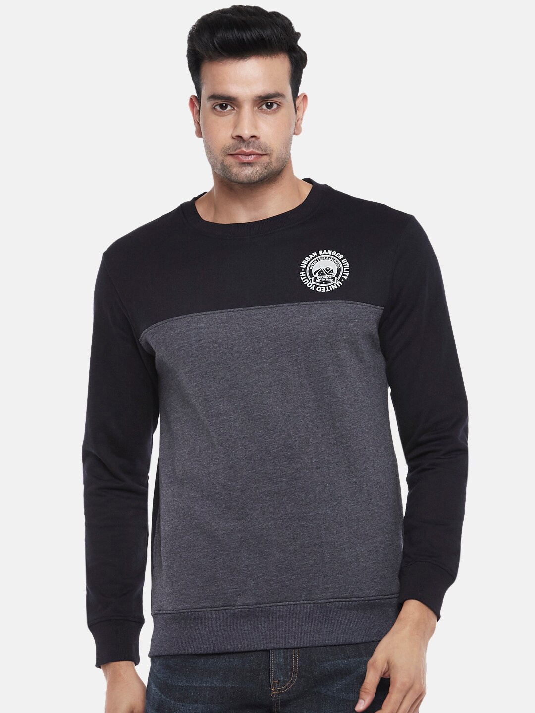 

Urban Ranger by pantaloons Men Navy Blue & Grey Colourblocked Pure Cotton Sweatshirt