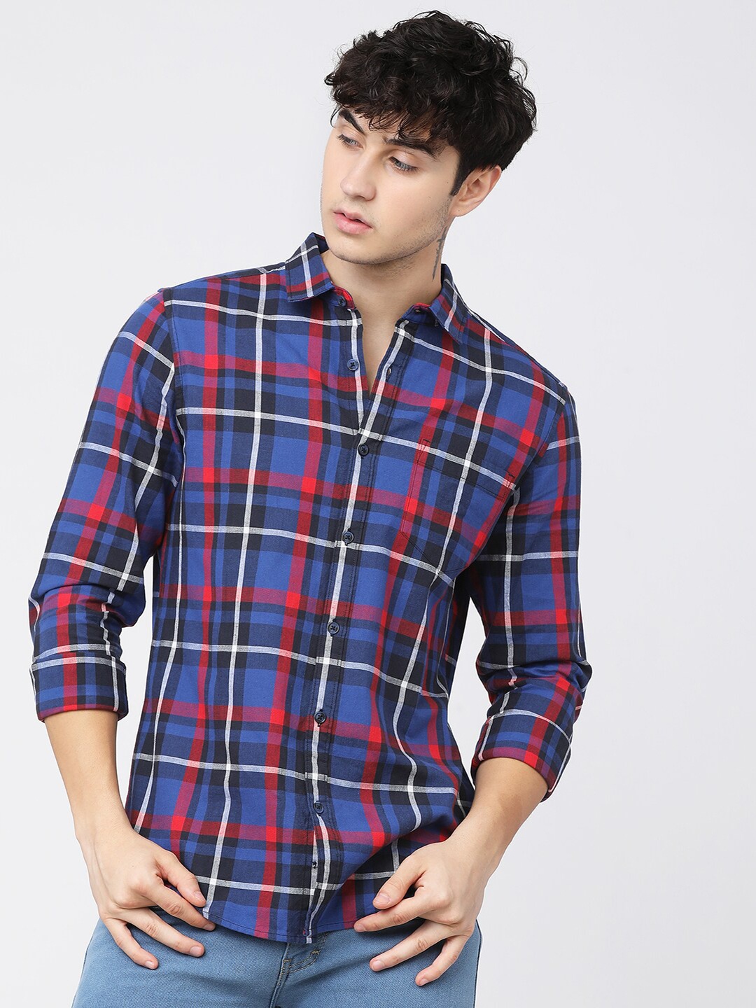 

HIGHLANDER Men Blue & Red Tartan Checked Casual Shirt