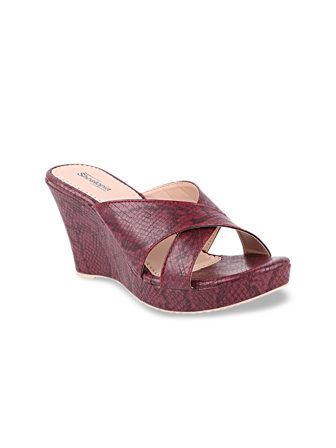 

Shoetopia Maroon Animal Textured Wedge Peep Toes