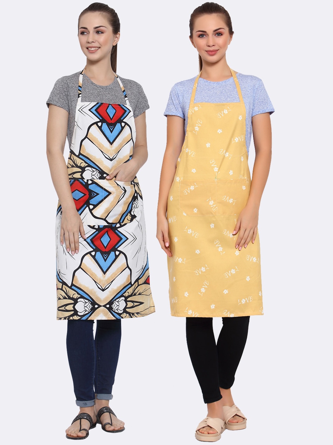 

Arrabi Woman Pack of 2 Cotton Blend Apron With 2 Patch Pockets, Multi