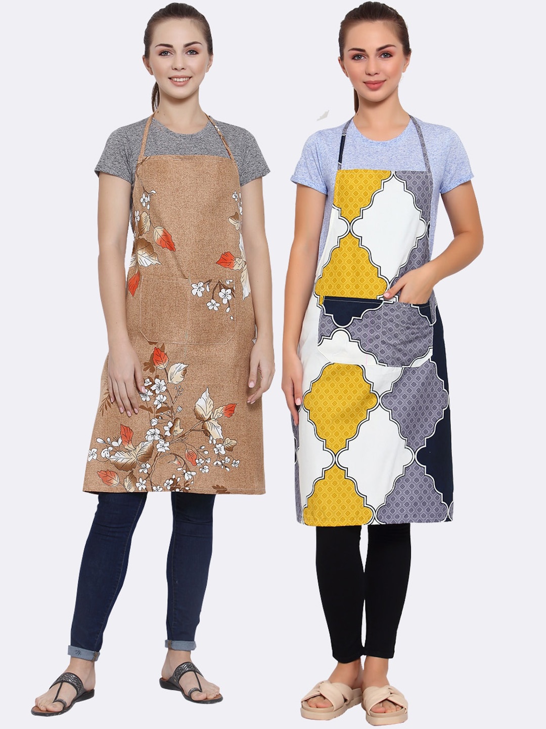 

Arrabi Pack of 2 Printed Apron With Pockets, Camel brown