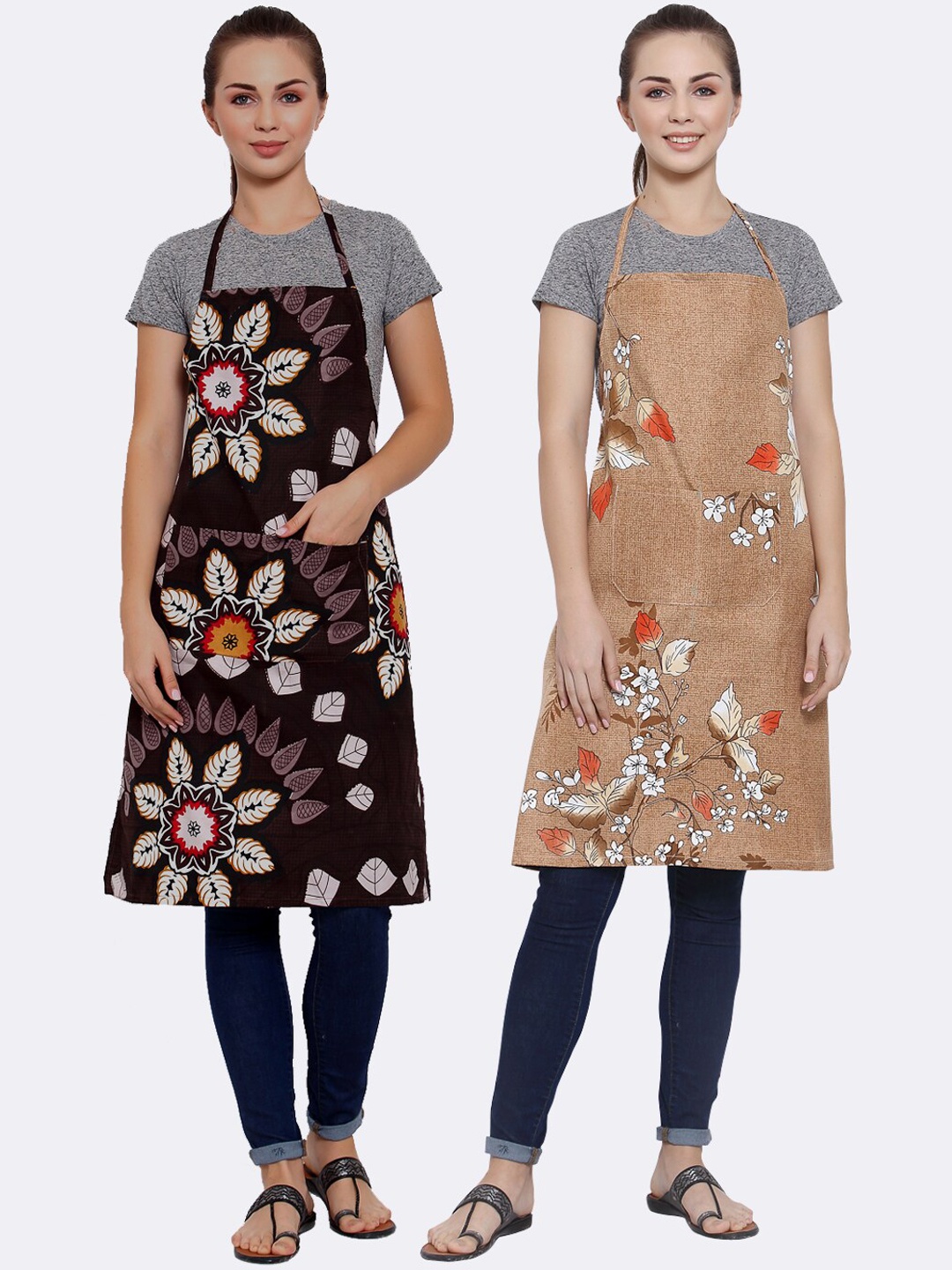 

Arrabi Pack of 2 Printed Apron With Pockets, Coffee brown