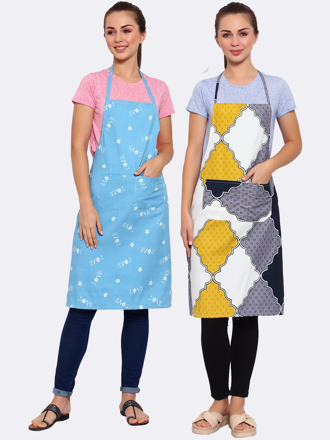 

Arrabi Pack of 2 Printed Apron With Pockets, Blue