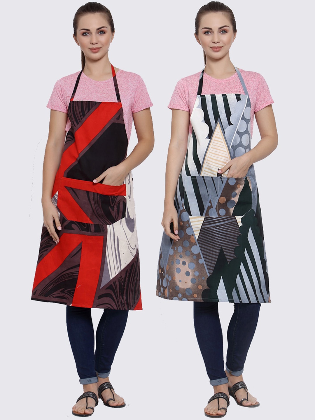 

Arrabi Pack of 2 Printed Apron With Pockets, Red