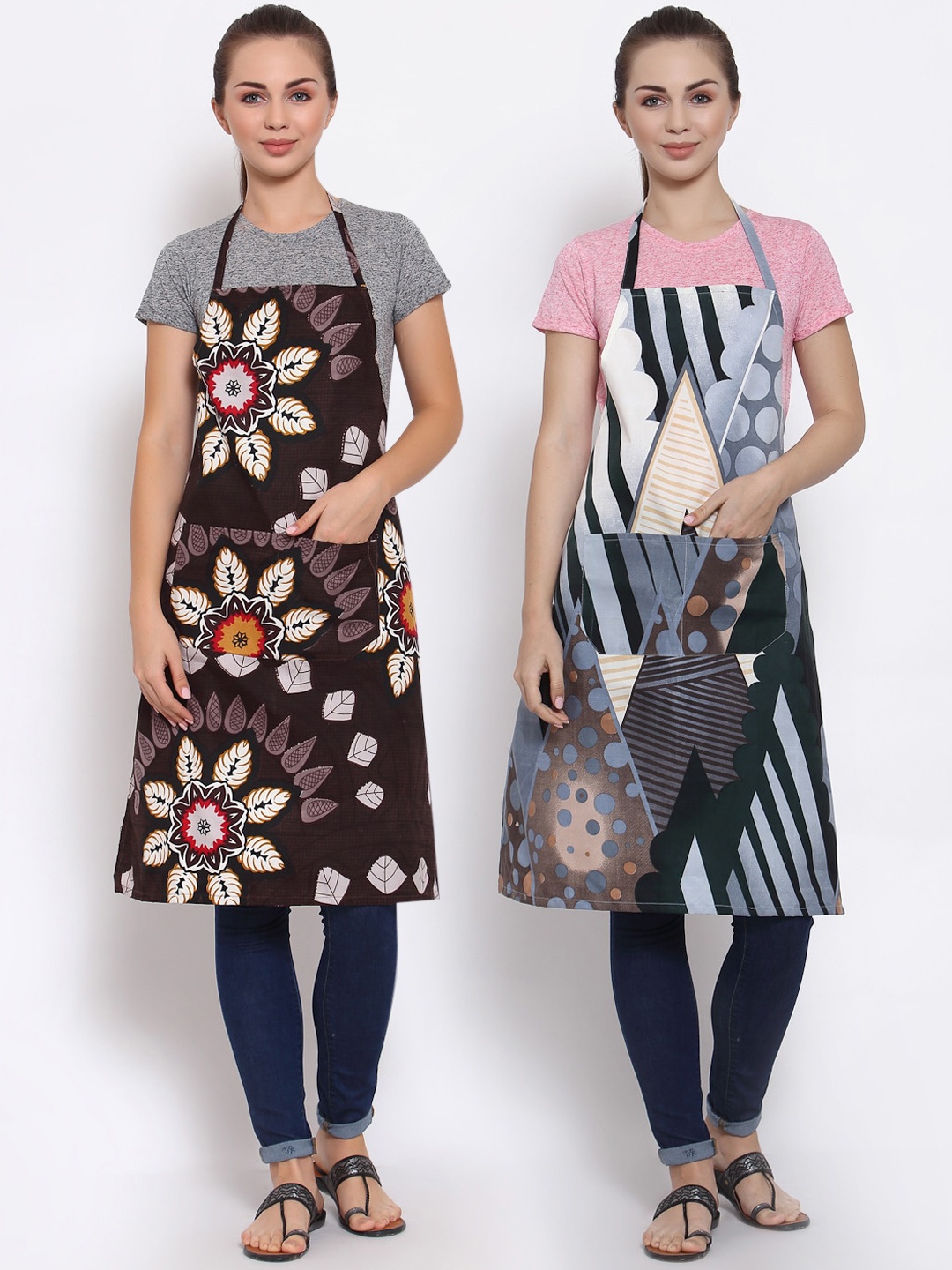 

Arrabi Pack of 2 Printed Apron With Pockets, Coffee brown