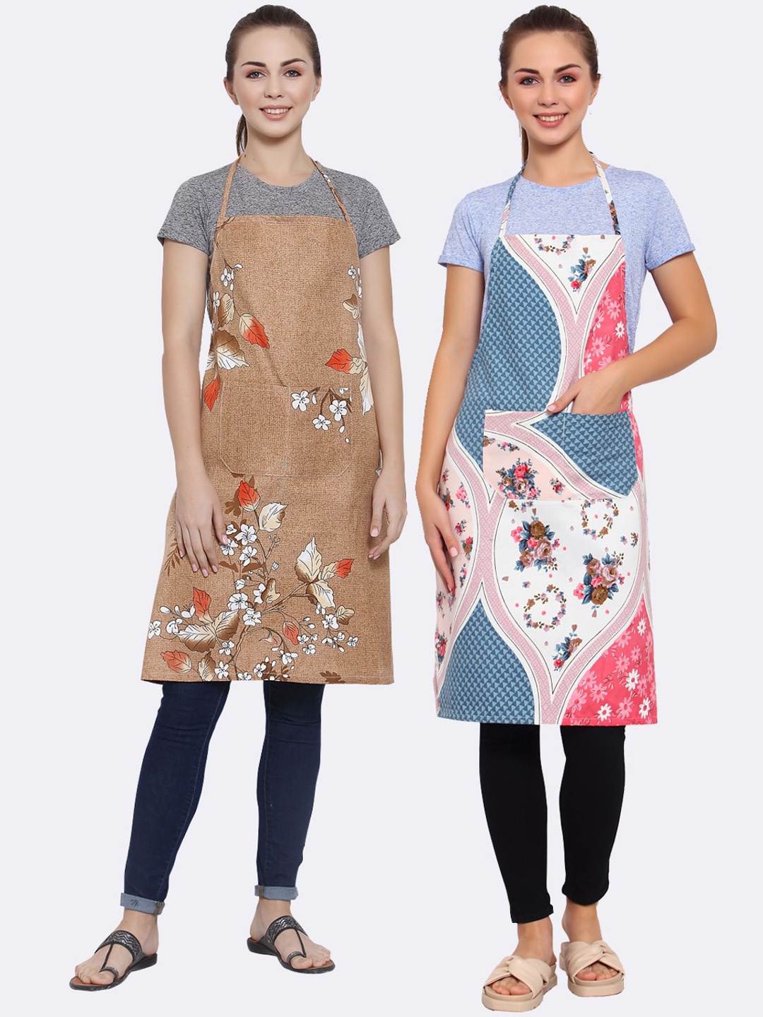 

Arrabi Pack of 2 Printed Apron With Pockets, Camel brown