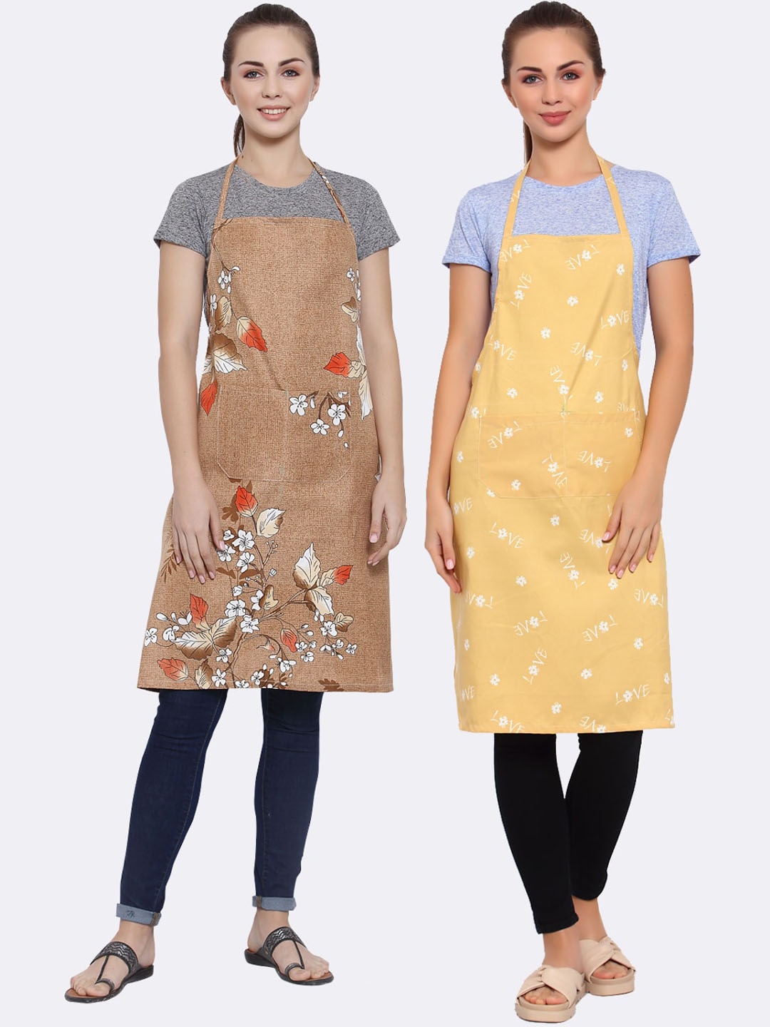 

Arrabi Pack of 2 Printed Apron With Pockets, Camel brown